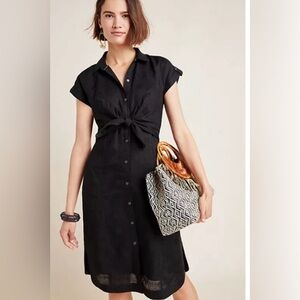 Anthropologie Kamryn Linen Blend Floral Button-Front Tie Shirt Dress size 8
